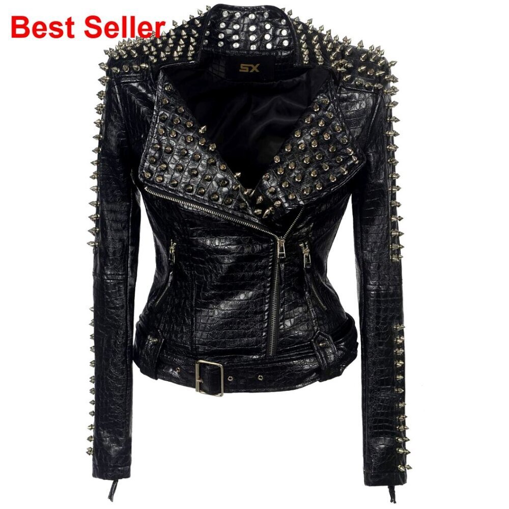Faux Leather PU Punk Jacket Studded Rivet Motorcycle Coat